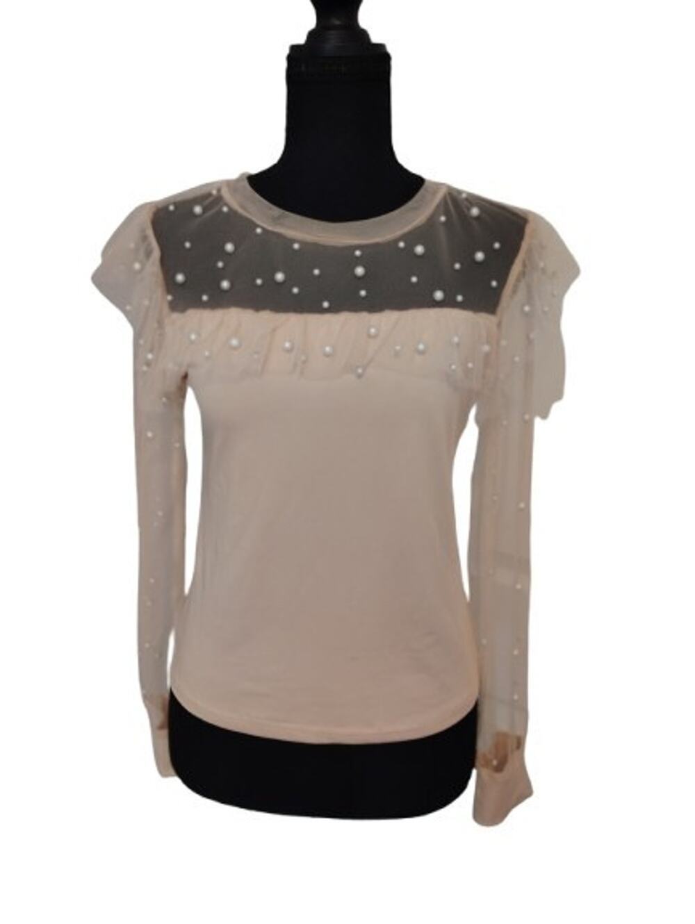 CBR Faux Pearl Embellished Mesh Long Sleeve Top Pink Nude Small NWOT Flaw